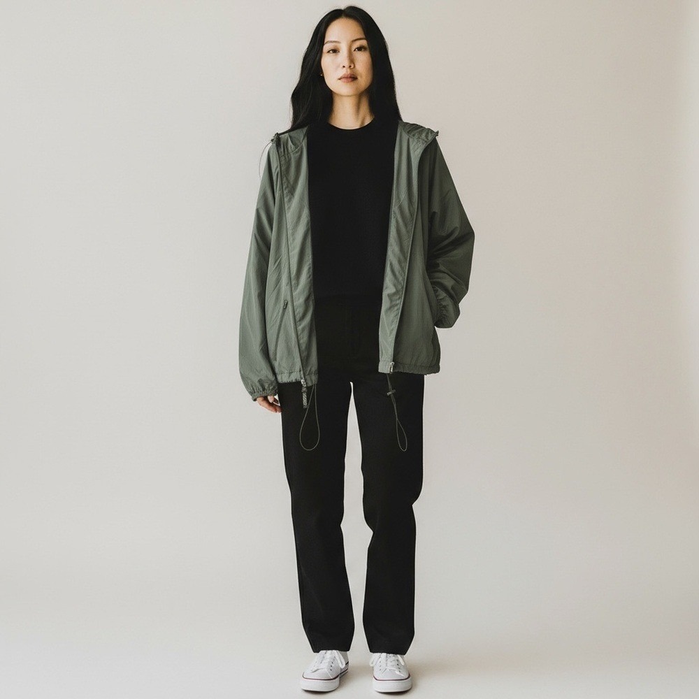 Centigrade Packable Hooded Windbreaker Jacket Olive Green Lightweight Size Large